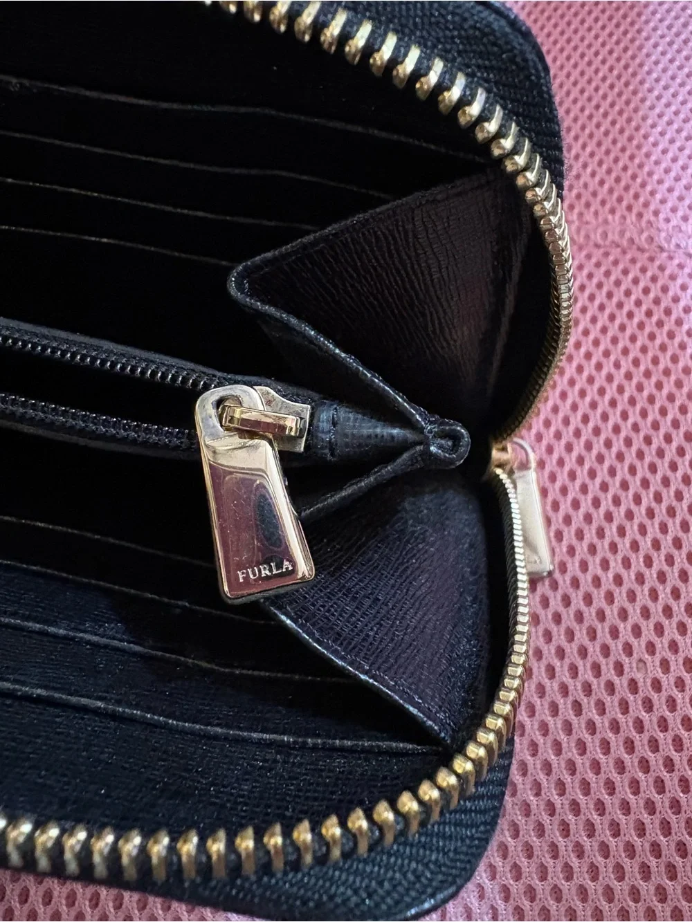 FURLA Babilon Continental Black Pebbled Zip Wallet with Gold Plaque